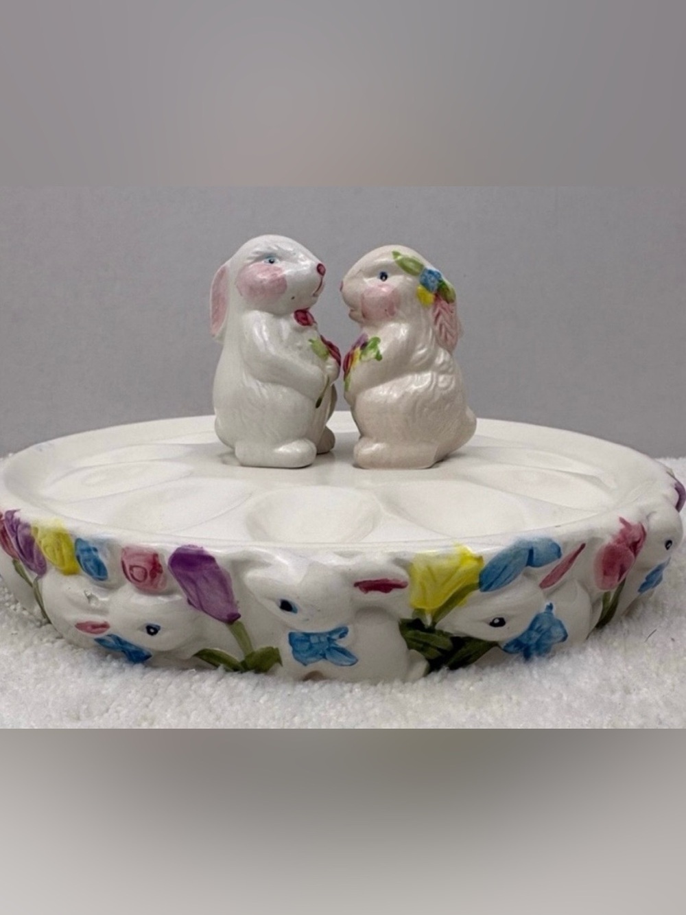 Vintage Mervyn’s Easter Egg Tray with Bunny Salt and Pepper Shakers.